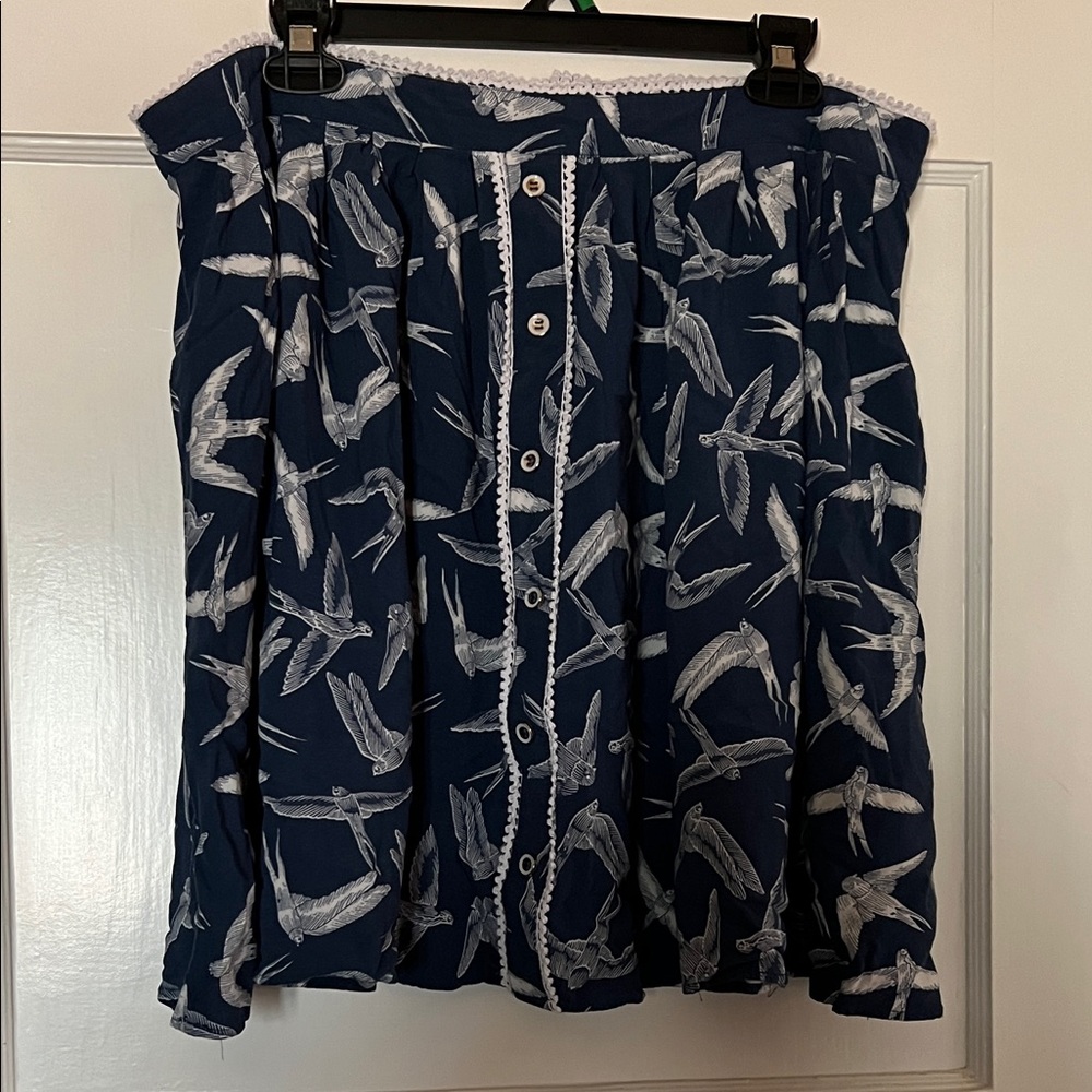 Hell Bunny Navy Blue Skater Skirt with White Bird Print